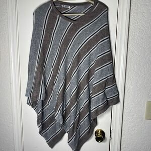 Helping Hands Handlooms Cashmere Poncho Striped Grey Brown V-Neck Handmade Nepal